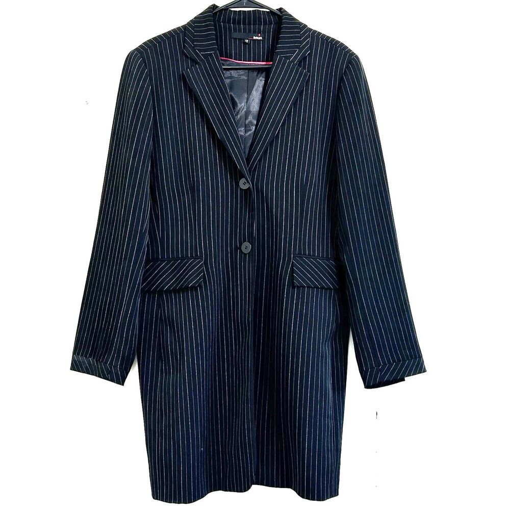 Dalia Black Pinstripe Longline Blazer Size 12 Button Closure Long Sleeve Formal